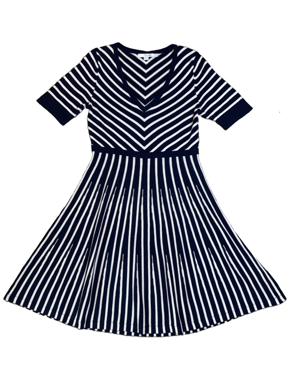 Boden 8P Petite Navy Ivory Striped Wool Cotton Knit Fit Flare Dress V Neck